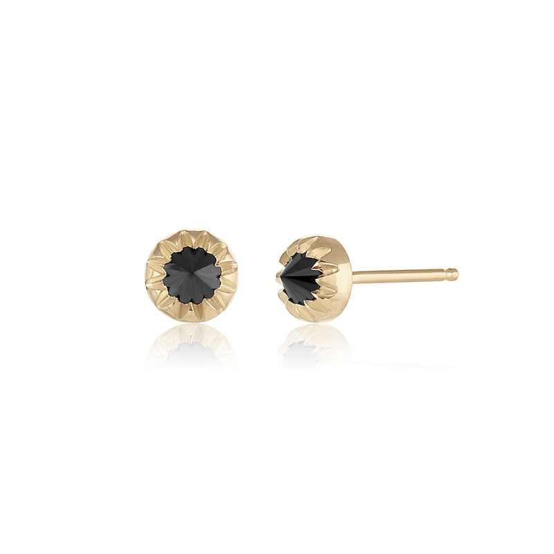 Baby Peristome Inverted Diamond Stud in yellow gold with black diamond, front and side view