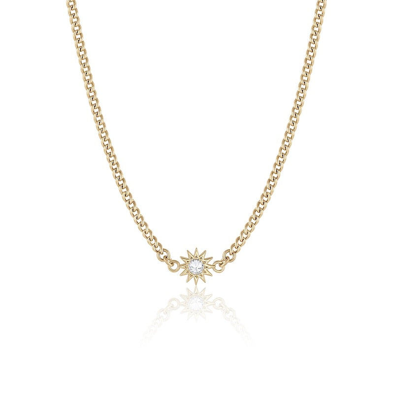 Baby Spur Chain Necklace in yellow gold with white diamond, front view