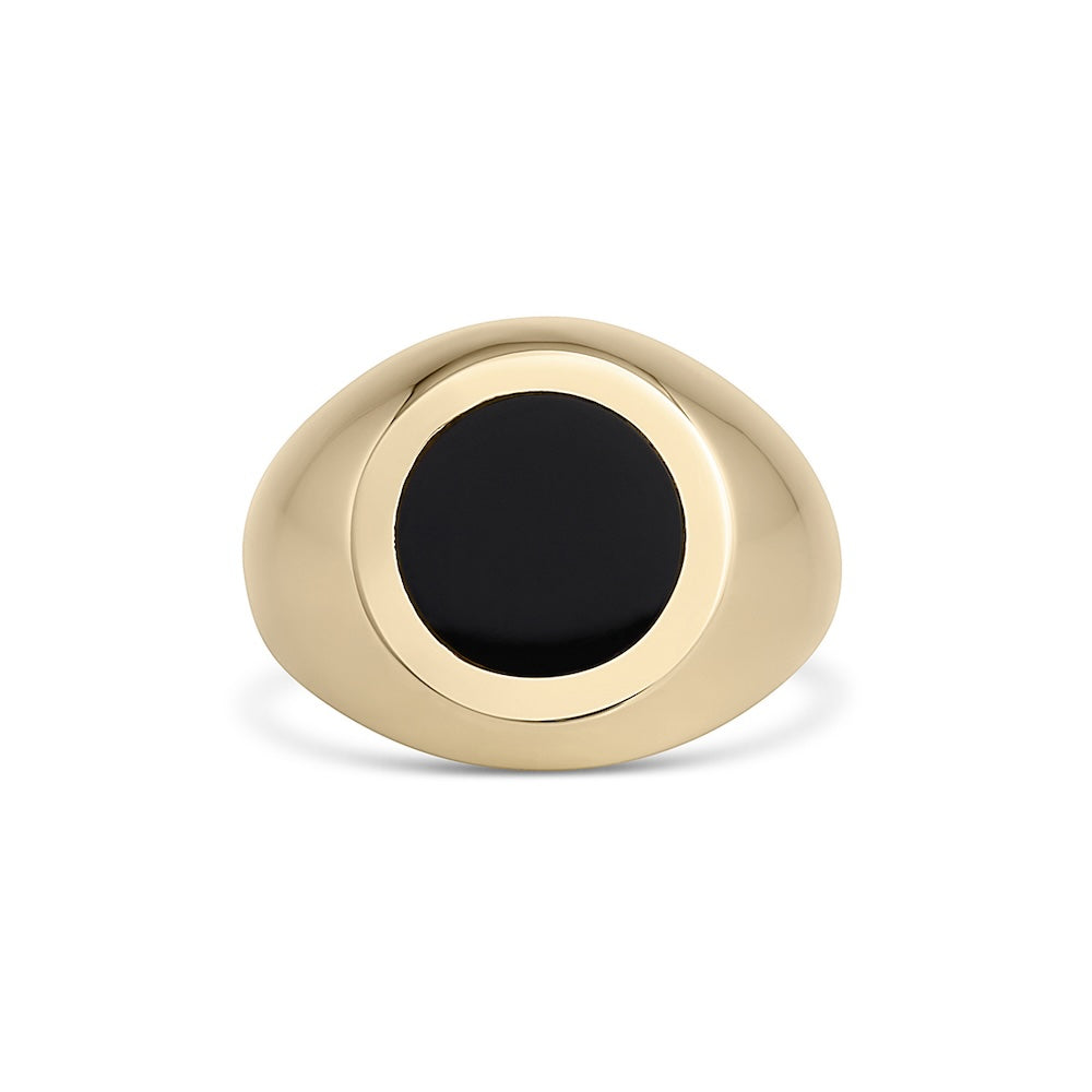 Black Hole Ring in yellow gold with onyx center stone, front view