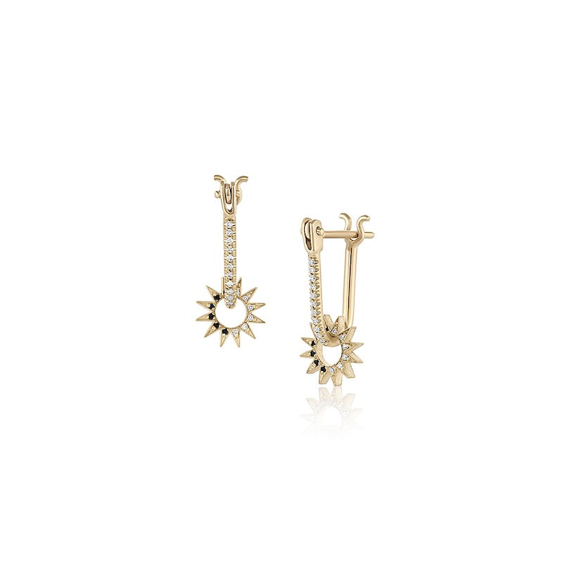 Chiaroscuro Pavé Baby Spur Earring in yellow gold with white and black pavé diamonds, front and side view