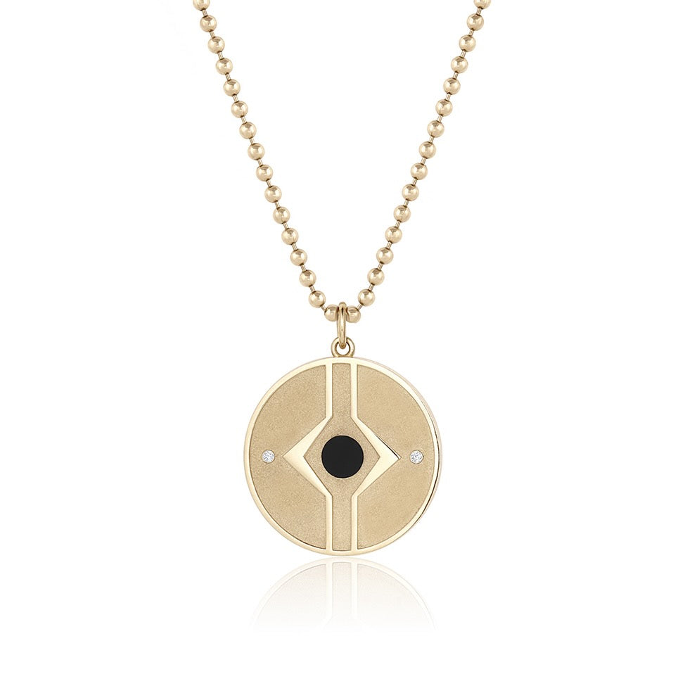 Choice Pendant in yellow gold with onyx center stone and white diamonds, front view
