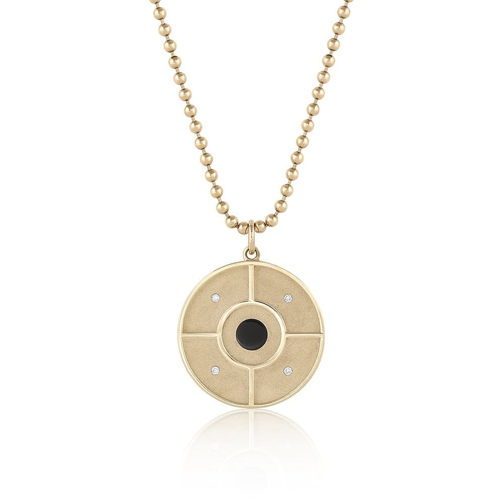 Compass Pendant in yellow gold with onyx center stone and white diamonds, front view