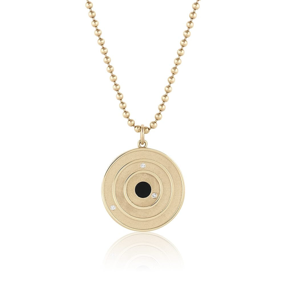 Cosmos Pendant in yellow gold with onyx center stone and white diamonds, front view