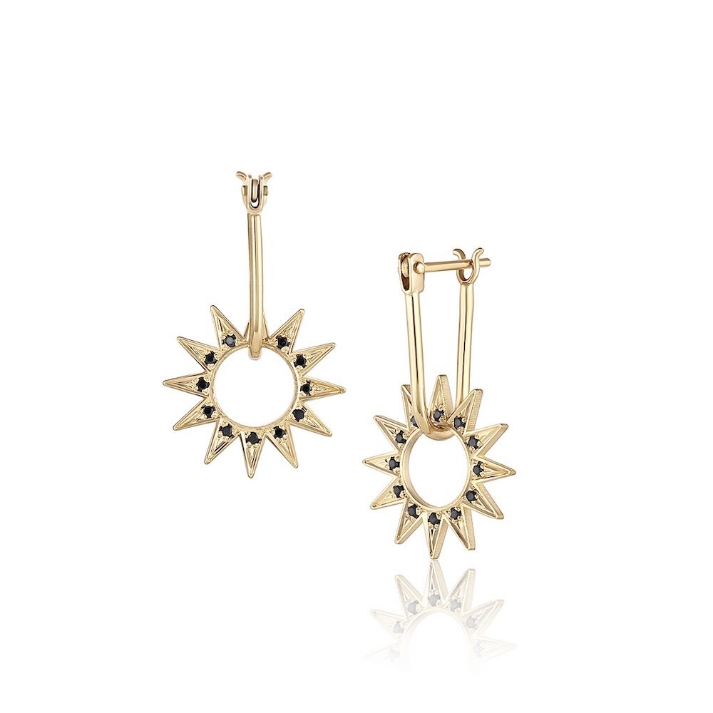 Eclipse Pavé Mini Spur Earring in yellow gold with black pavé diamonds, front and side view