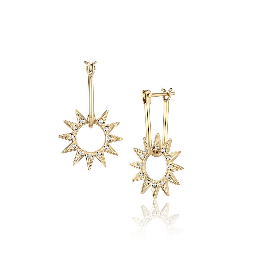 Eclipse Pavé Mini Spur Earring in yellow gold with white pavé diamonds, front and side view
