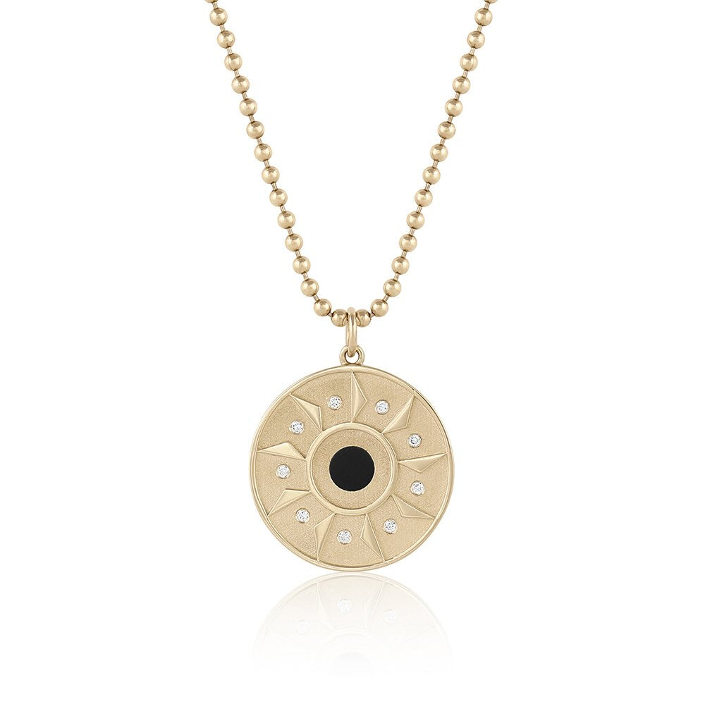 Ennead Necklace in yellow gold with onyx center stone and white diamonds, front view