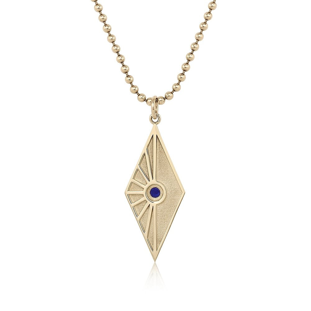 Evil Eye Necklace in yellow gold with lapis lazuli center stone, front view