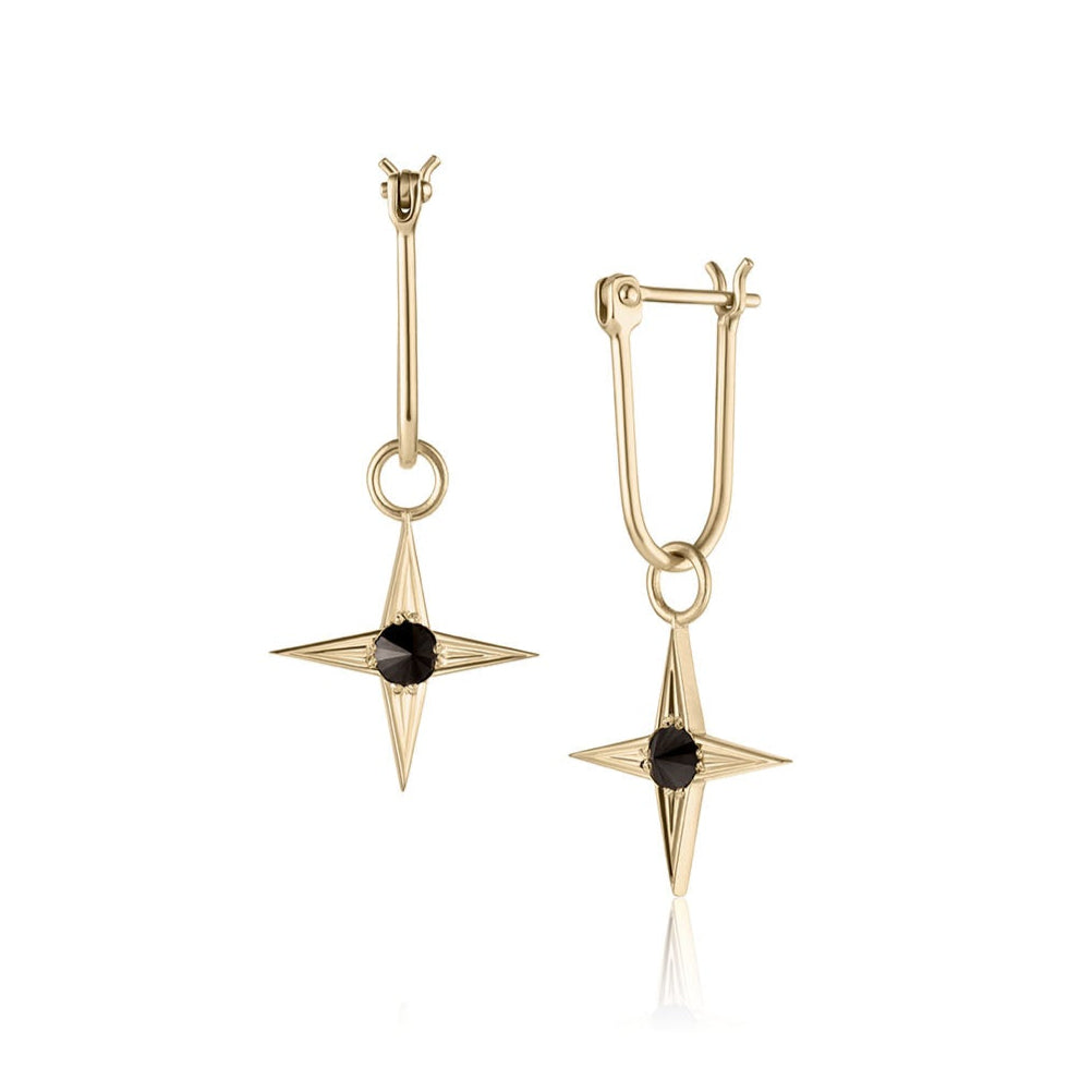 Glint Earring in yellow gold with black diamond, front and side view