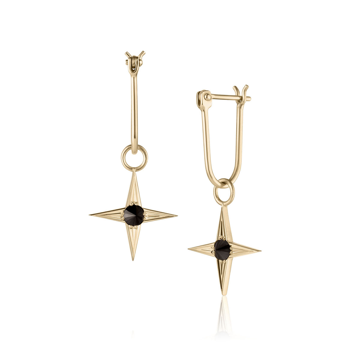 Glint Earring in yellow gold with black diamond, front and side view
