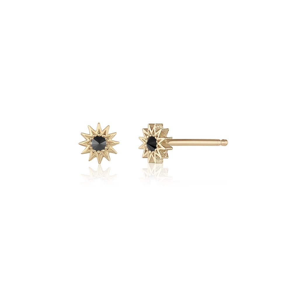Inverted Diamond Mini Spur Stud in yellow gold with black diamond, front and side view