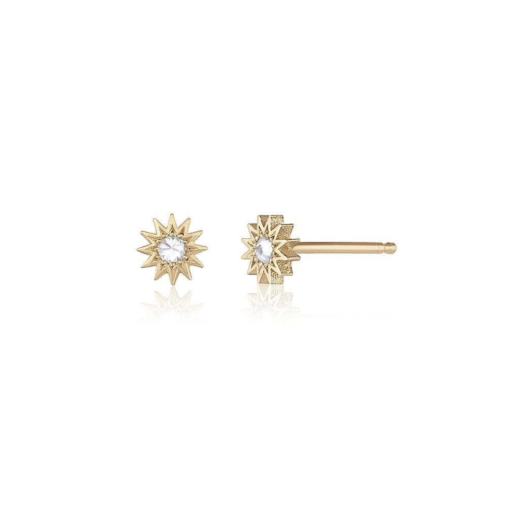 Inverted Diamond Mini Spur Stud in yellow gold with white diamond, front and side view