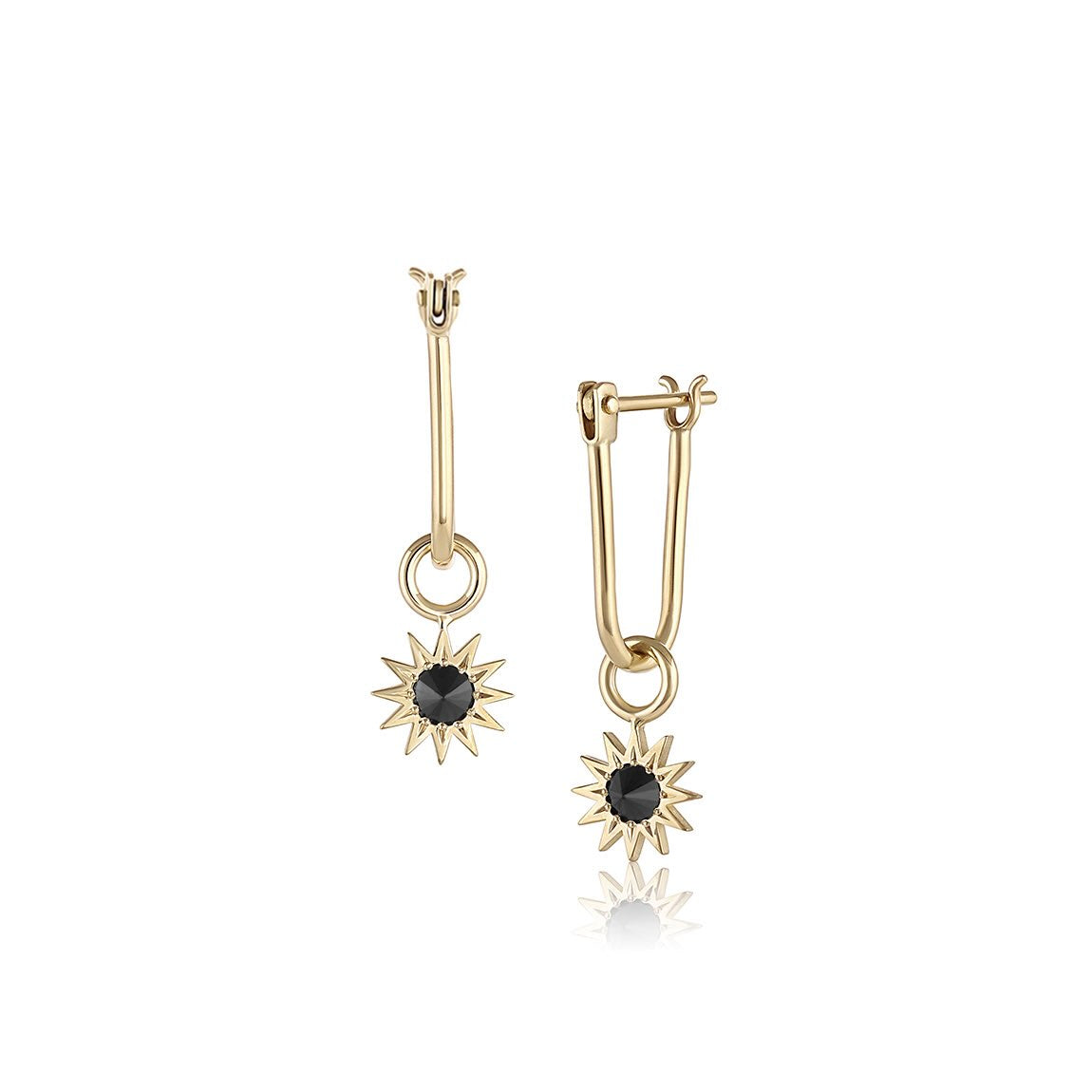 Inverted Diamond Spur Earring in yellow gold with black diamond, front and side view
