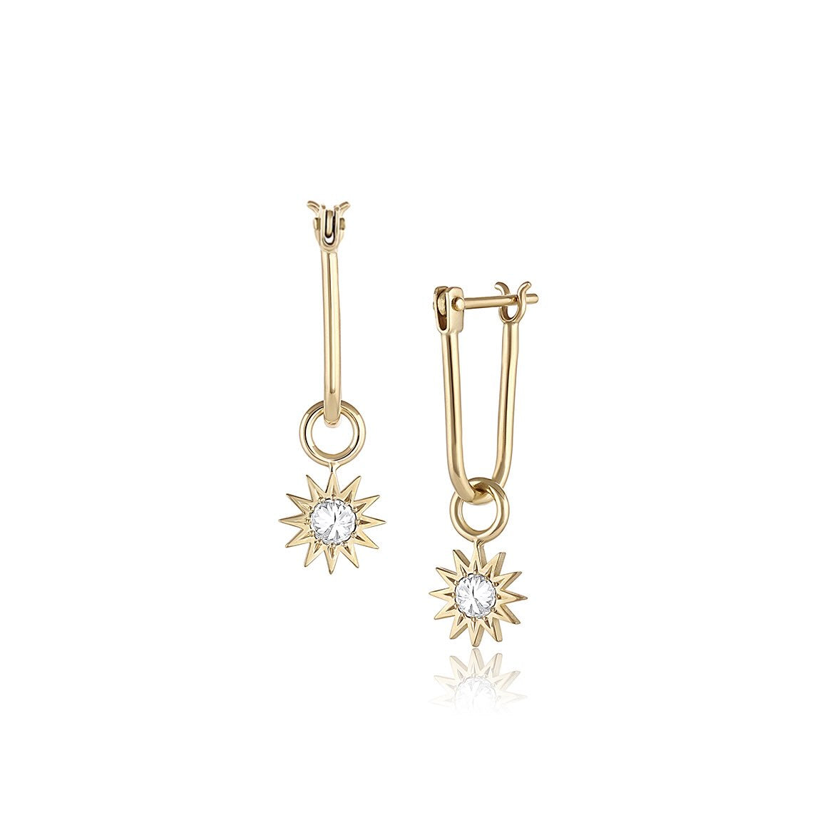 Inverted Diamond Spur Earring in yellow gold with white diamond, front and side view