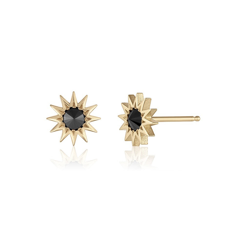 Inverted Diamond Spur Stud in yellow gold with black diamond, front and side view