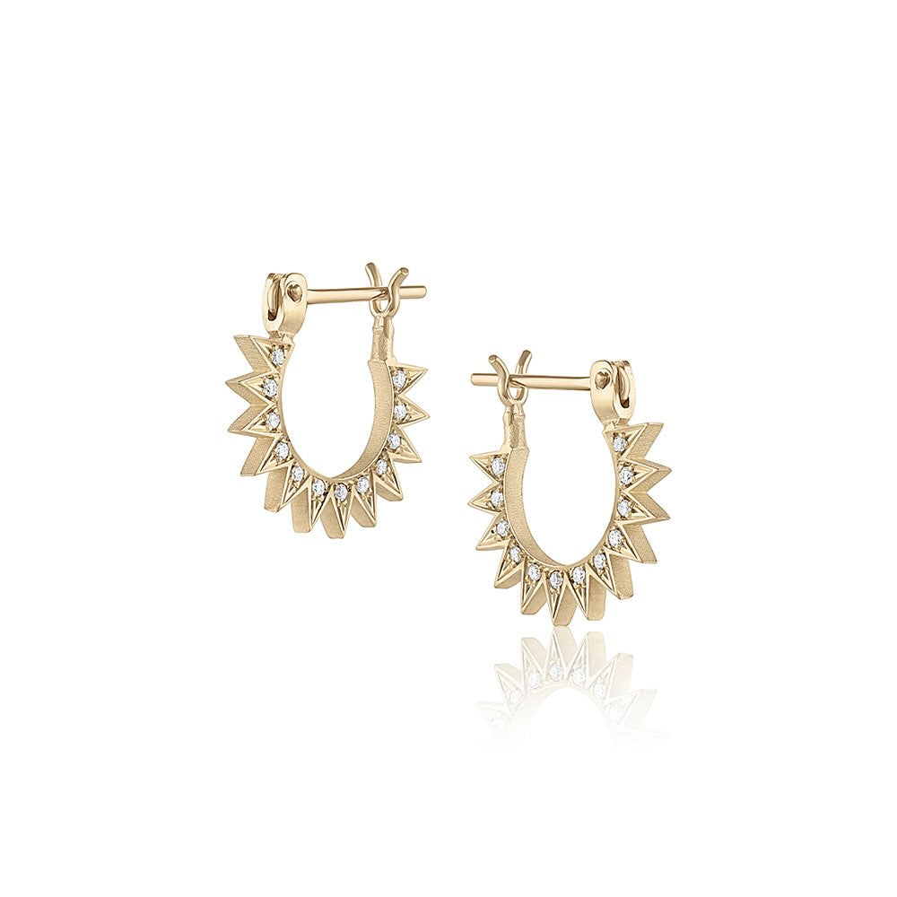 Pavé Baby Spur Hoop in yellow gold with white pavé diamonds, front and side view