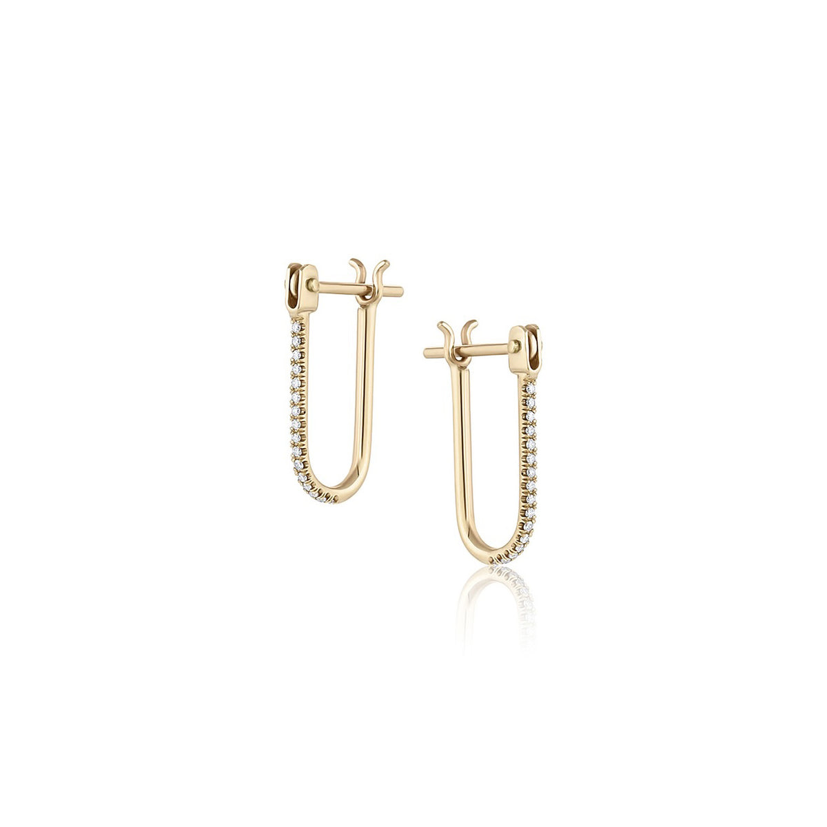 Pavé Half Latch Earring in yellow gold with white pavé diamonds, front and side view