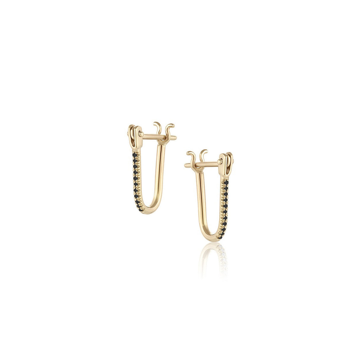 Pavé Huggie Latch Earring in yellow gold with black pavé diamonds, front and side view