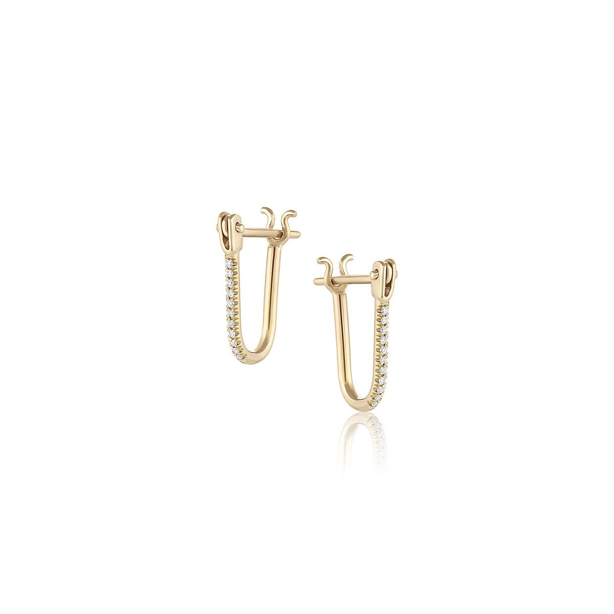 Pavé Huggie Latch Earring in yellow gold with white pavé diamonds, front and side view