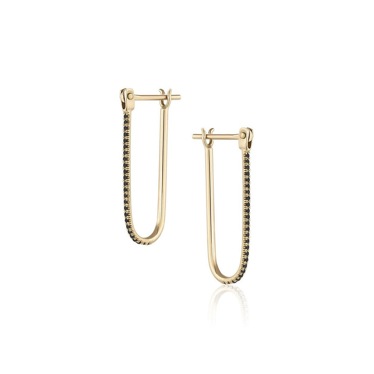 Pavé Latch Earring in yellow gold with black pavé diamonds, front and side view