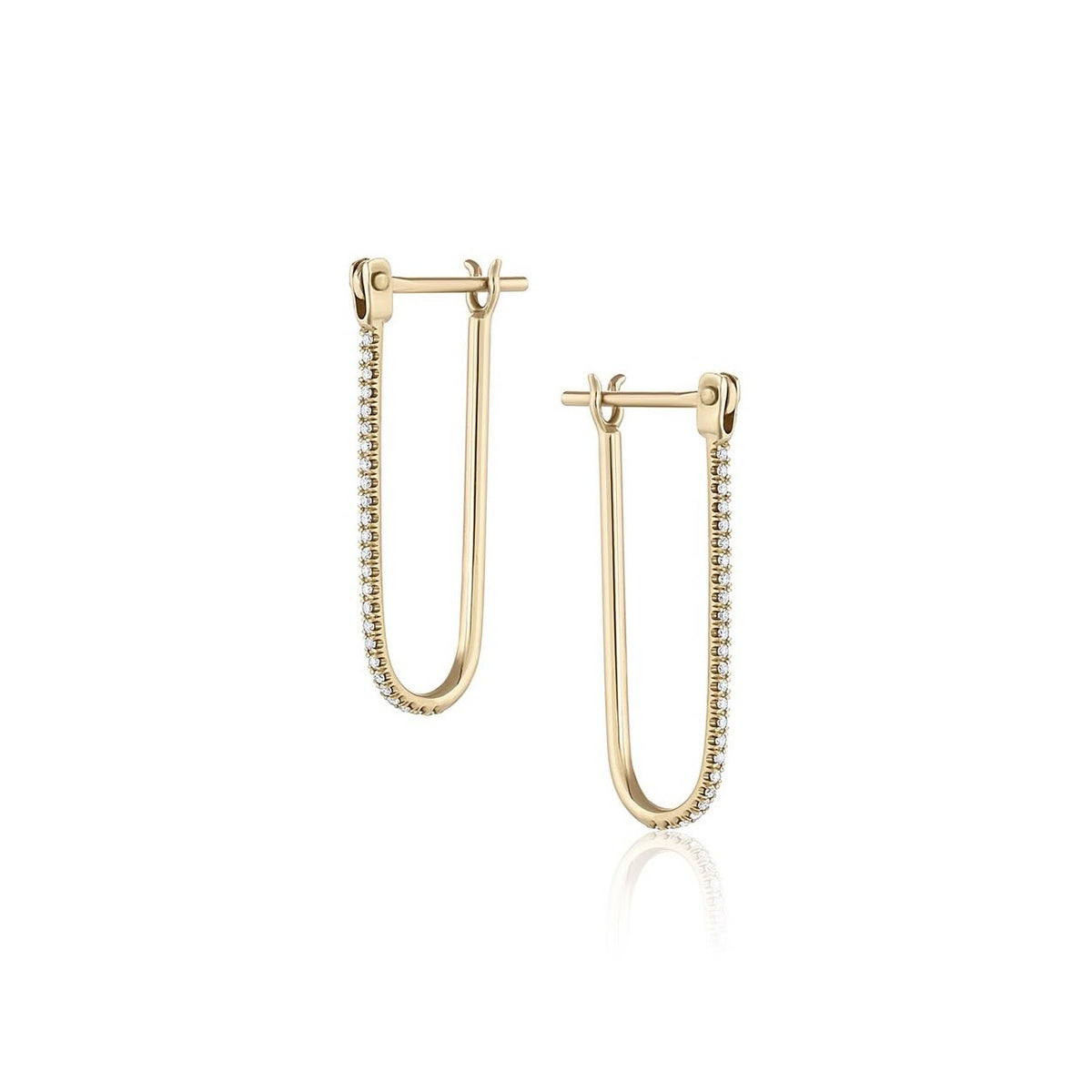 Pavé Latch Earring in yellow gold with white pavé diamonds, front and side view