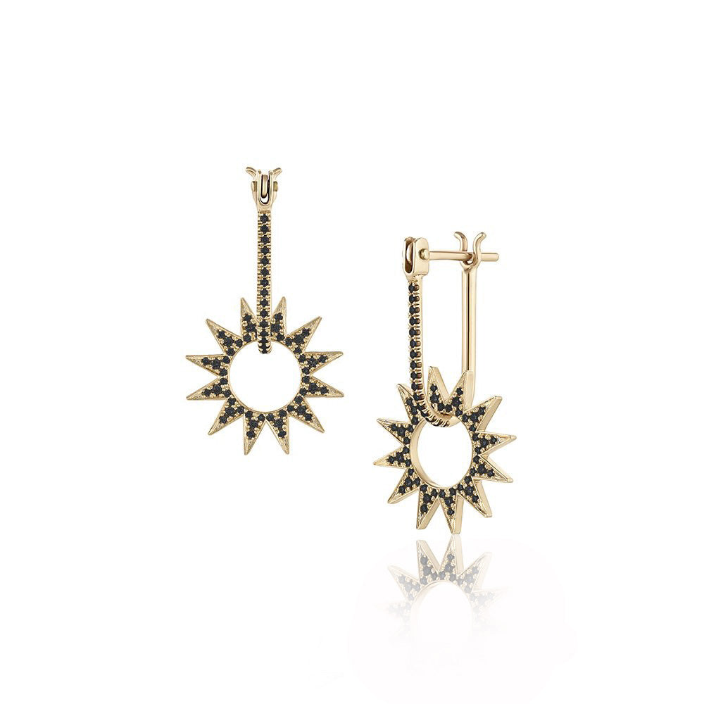 Pavé Mini Spur Earring in yellow gold with black pavé diamonds, front and side view