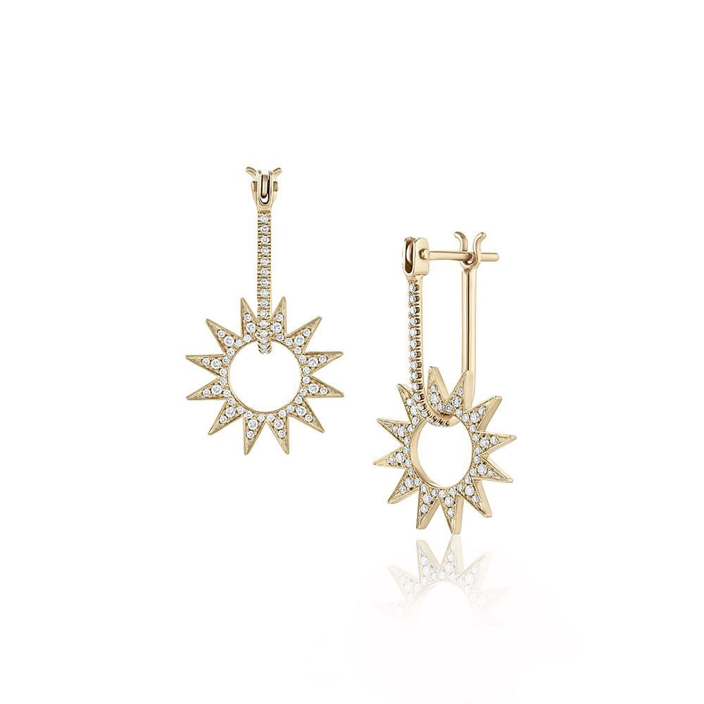 Pavé Mini Spur Earring in yellow gold with white pavé diamonds, front and side view