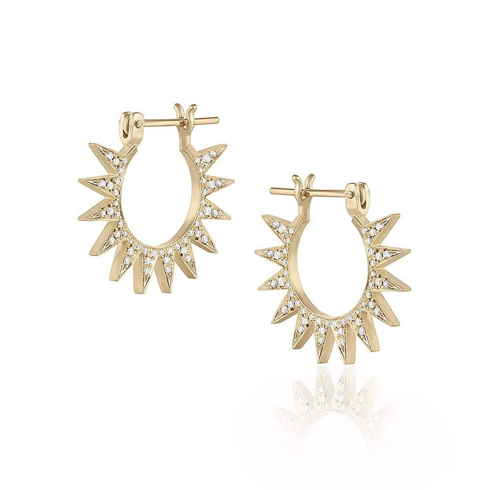 Pavé Spur Hoop  in yellow gold with white pavé diamonds, front and side view