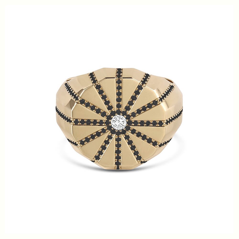Source Ring in yellow gold with black pavé diamonds and white diamond center stone, front view