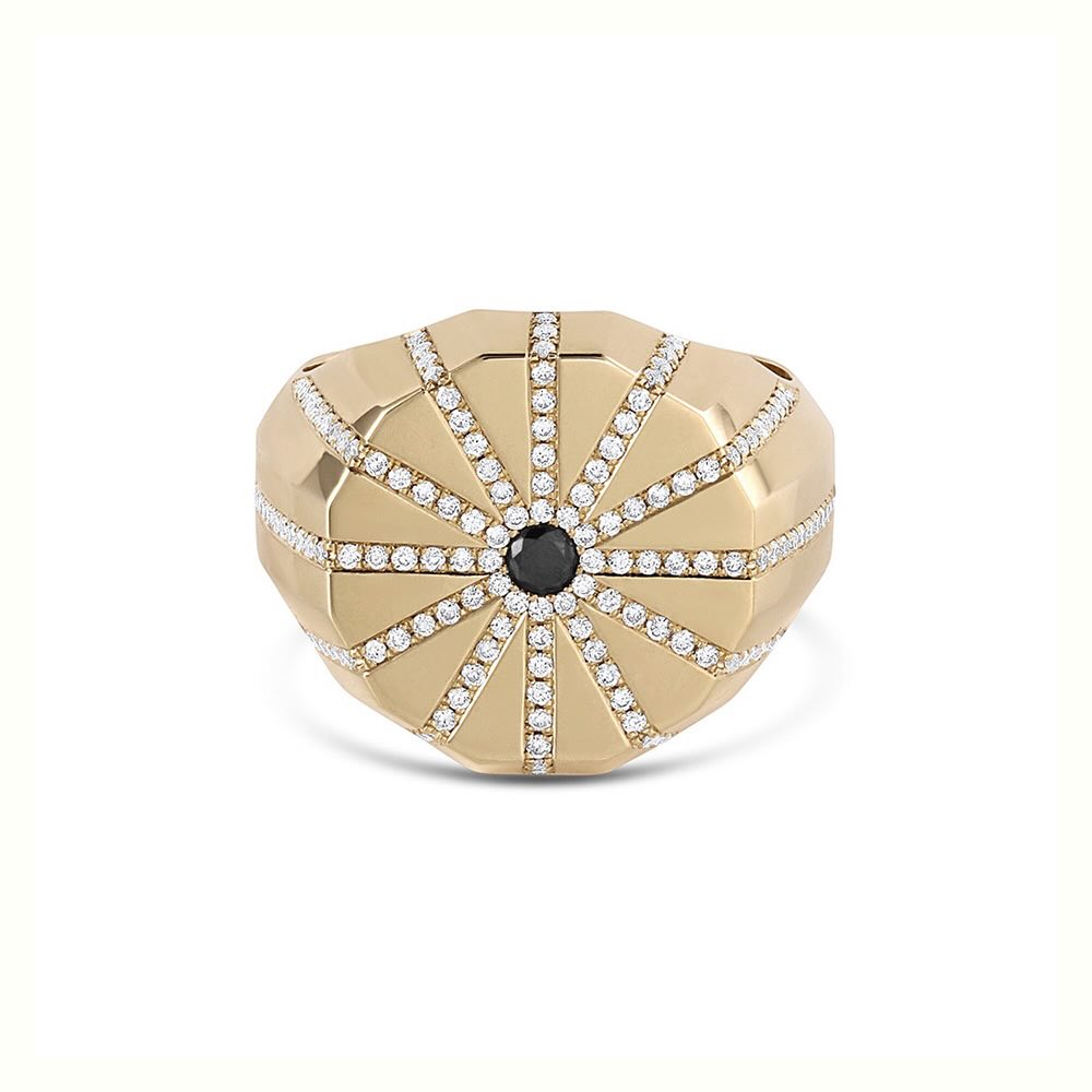 Source Ring in yellow gold with white pavé diamonds and black diamond center stone, front view