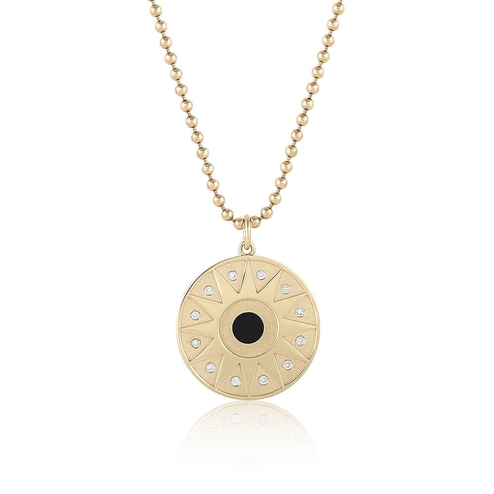 Star Pendant in yellow gold with onyx center stone and white diamonds, front view